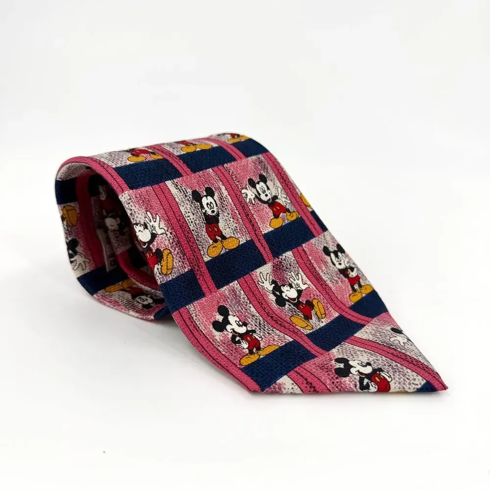 Vintage 90s Mickey & Co Disney Pink Navy 100% Silk Mickey Mouse Necktie